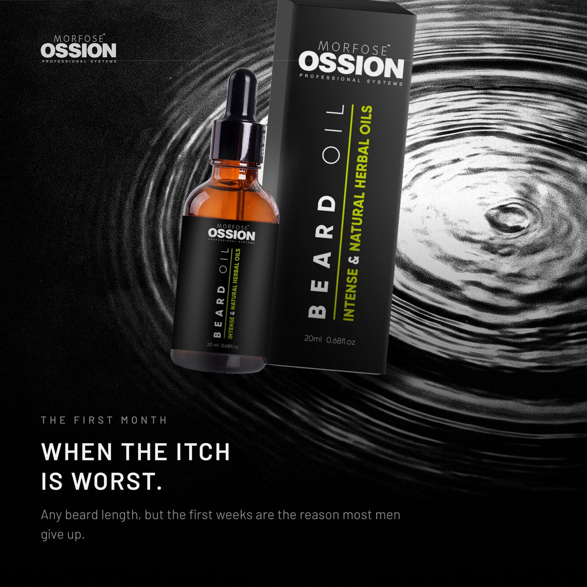 Ossion Beard Oil bottle resting on rippling water