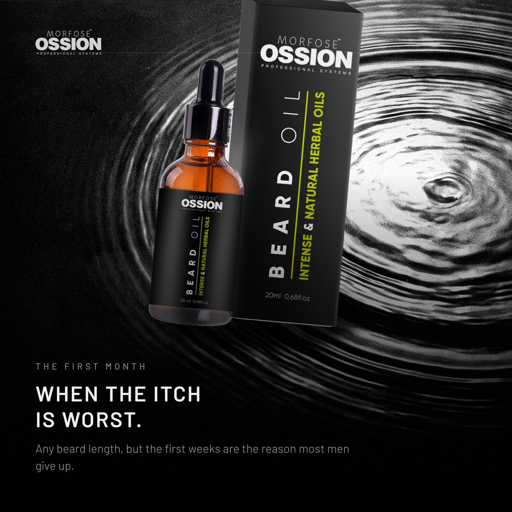 Ossion Beard Oil bottle resting on rippling water