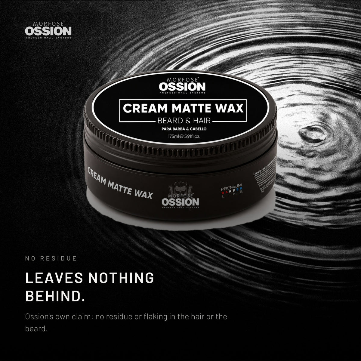 Ossion Beard & Hair Cream tin resting on rippling water