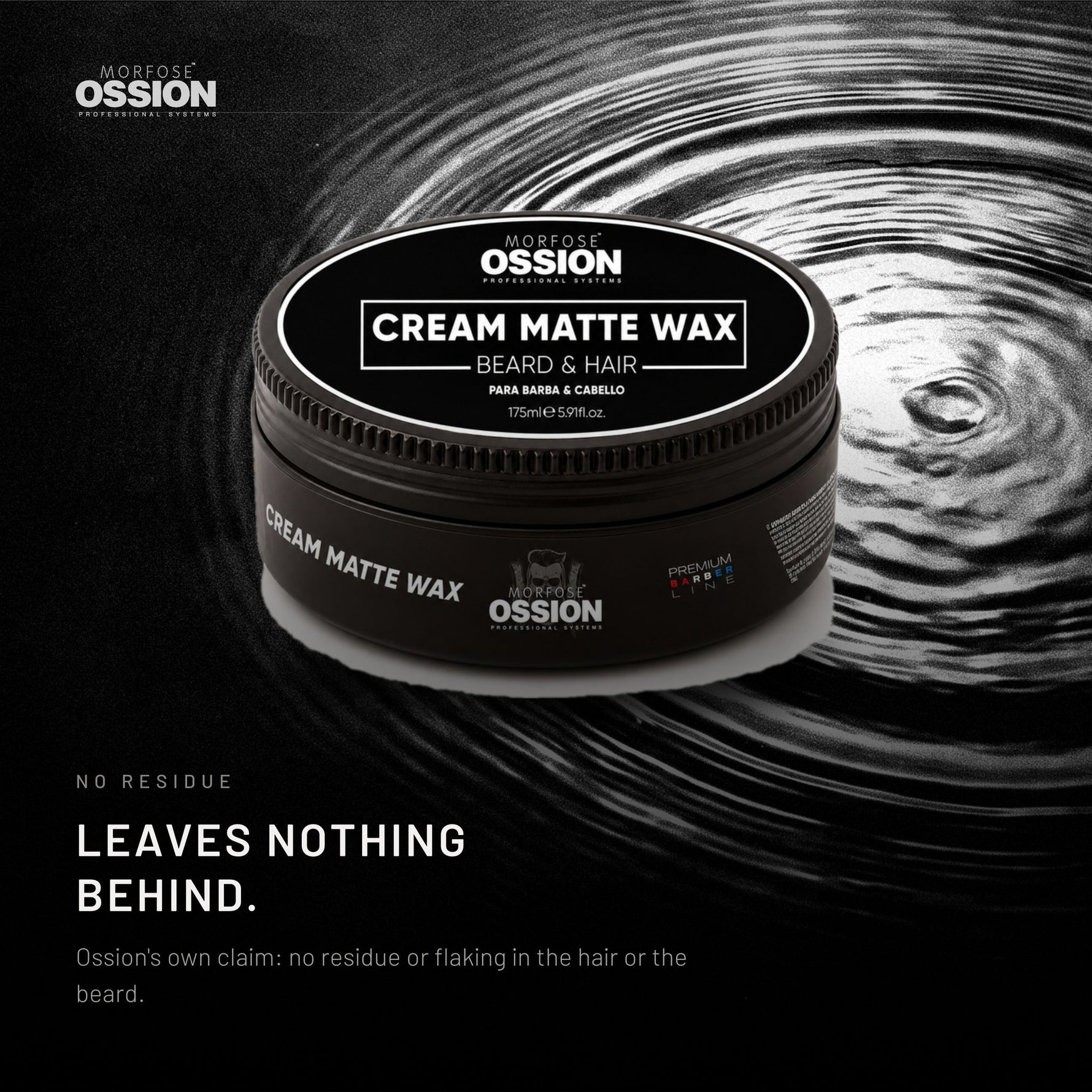 Ossion Beard & Hair Cream tin resting on rippling water