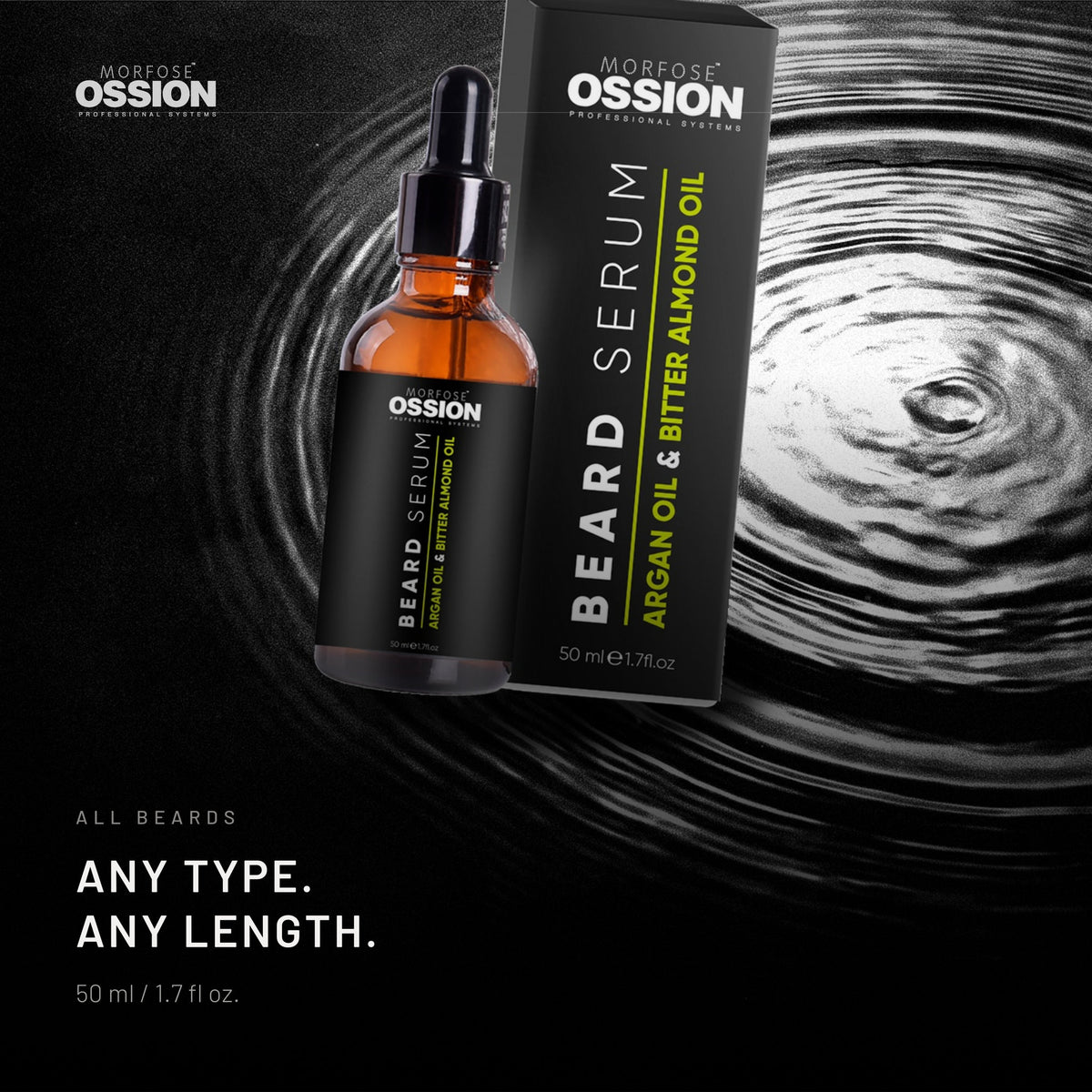 Ossion Beard Serum bottle resting on rippling water