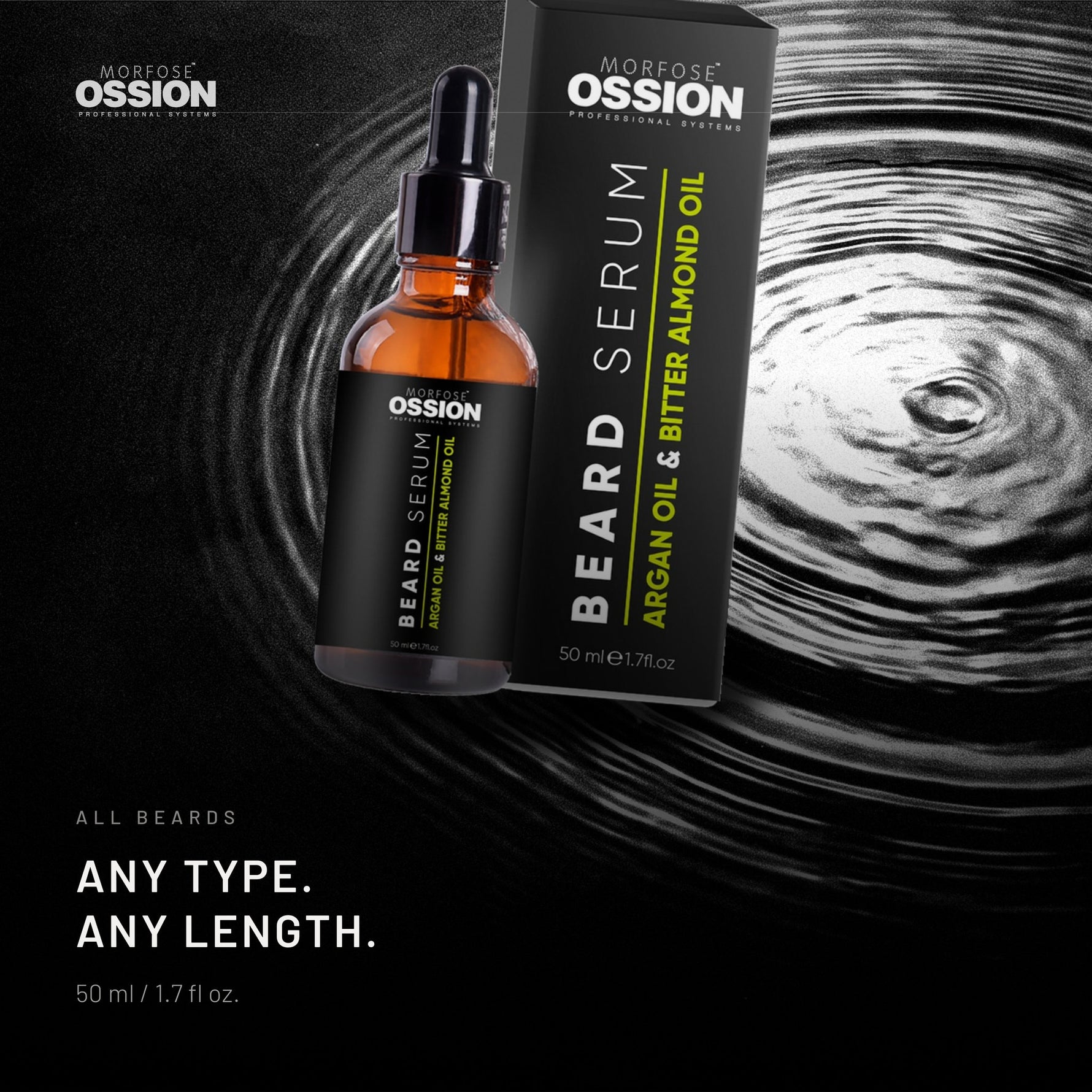 Ossion Beard Serum bottle resting on rippling water