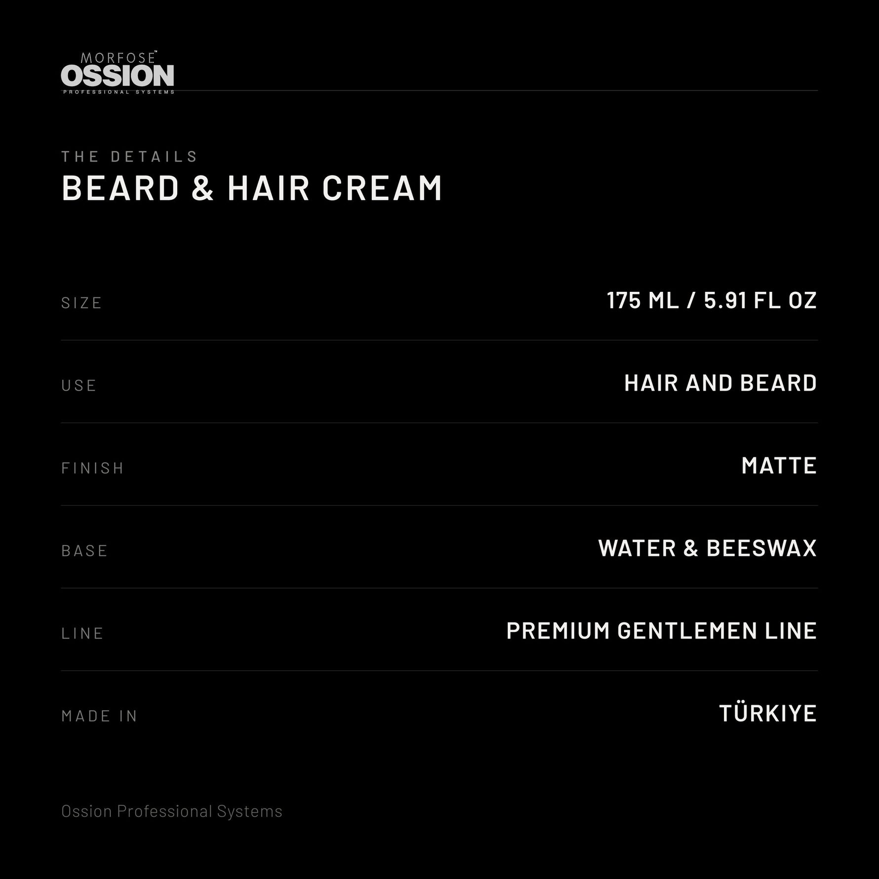 Ossion Beard & Hair Cream: size, use, finish, base and country of origin