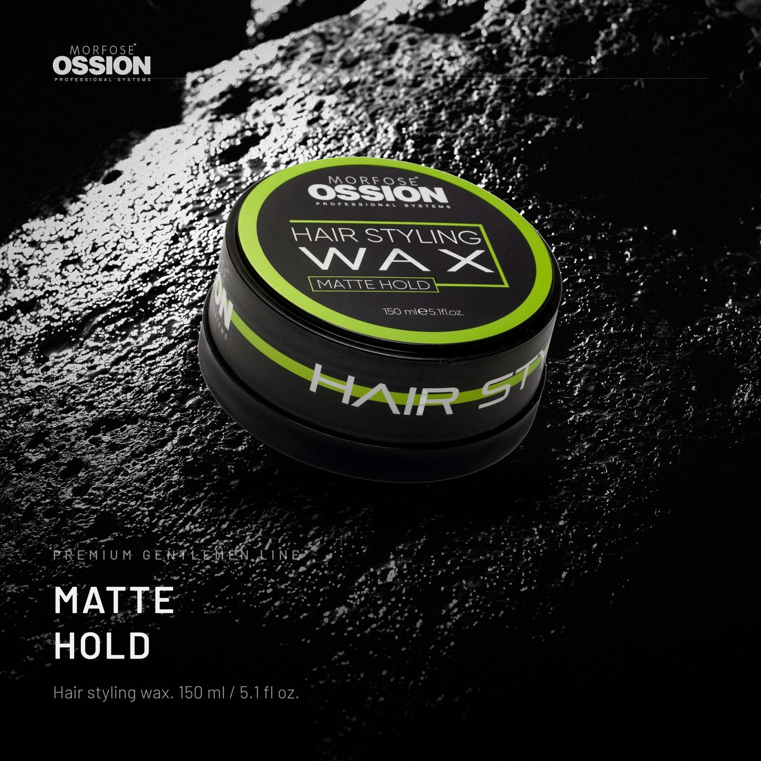 Ossion Matte Hold Wax tin on wet black stone, lit from one side
