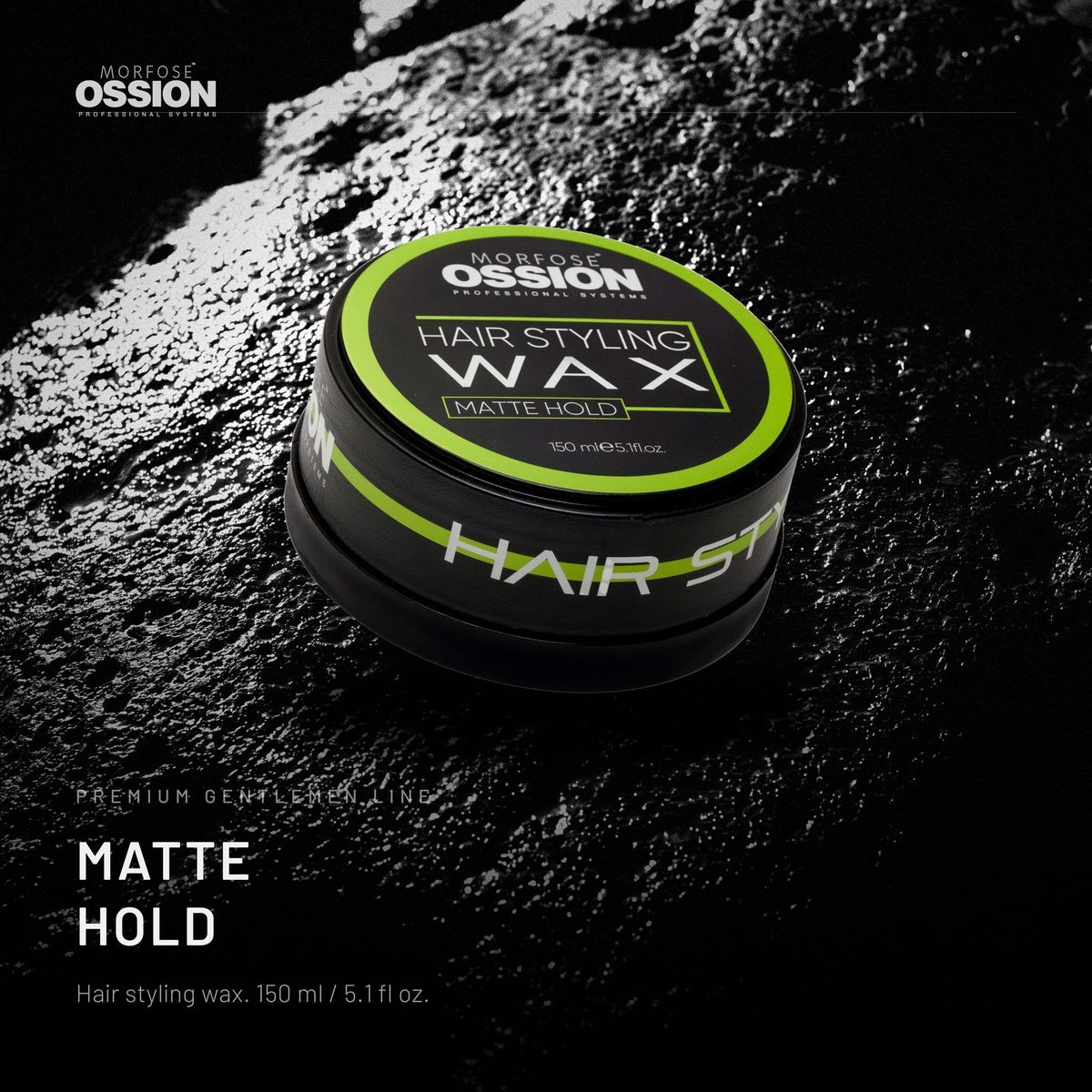 Ossion Matte Hold Wax tin on wet black stone, lit from one side