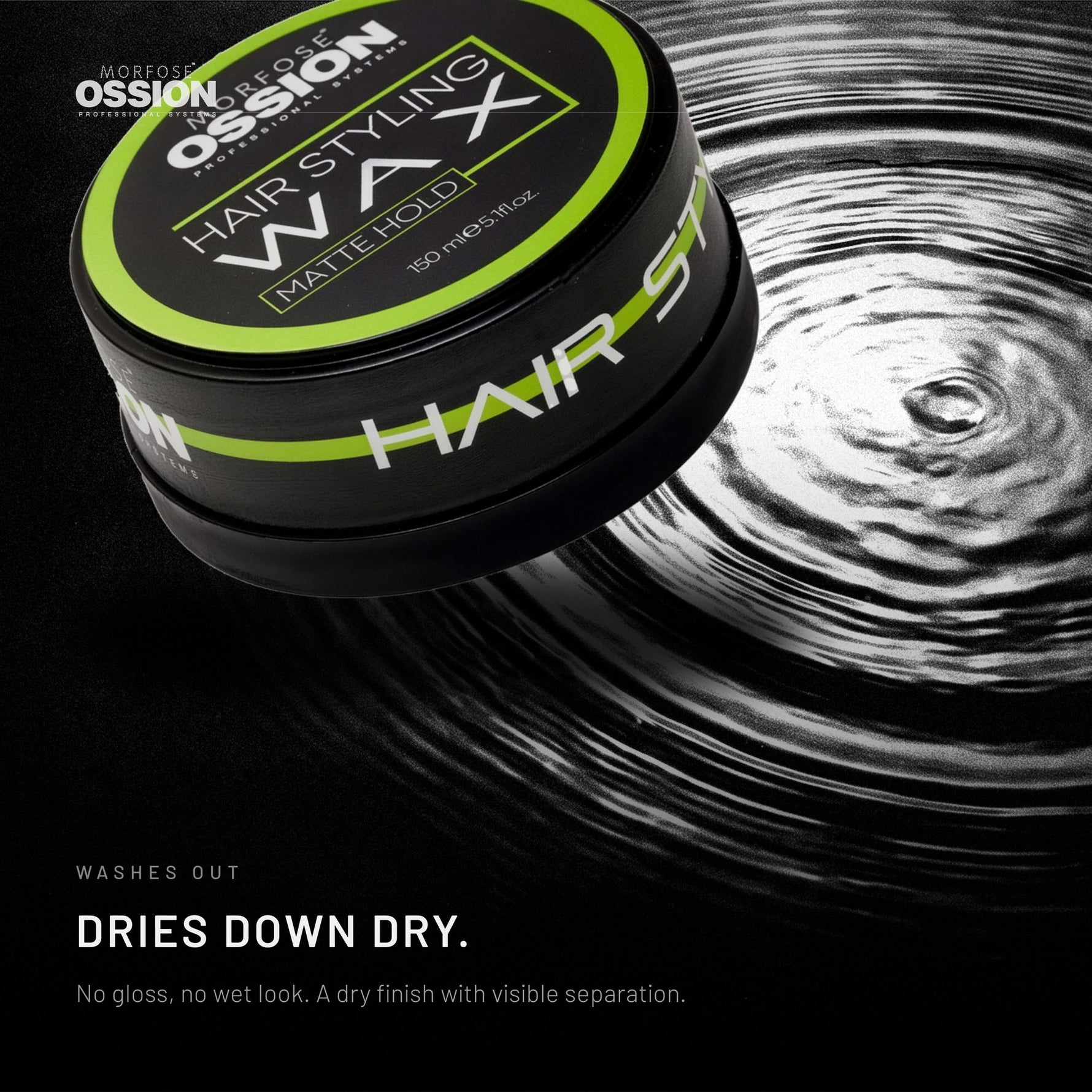 Ossion Matte Hold Wax tin resting on rippling water