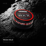 Ossion Mega Hold Wax — tin on wet black stone, lit from one side