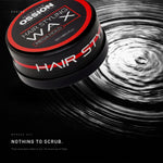 Ossion Mega Hold Wax — the tin beside water ripples, showing it washes out with plain shampoo