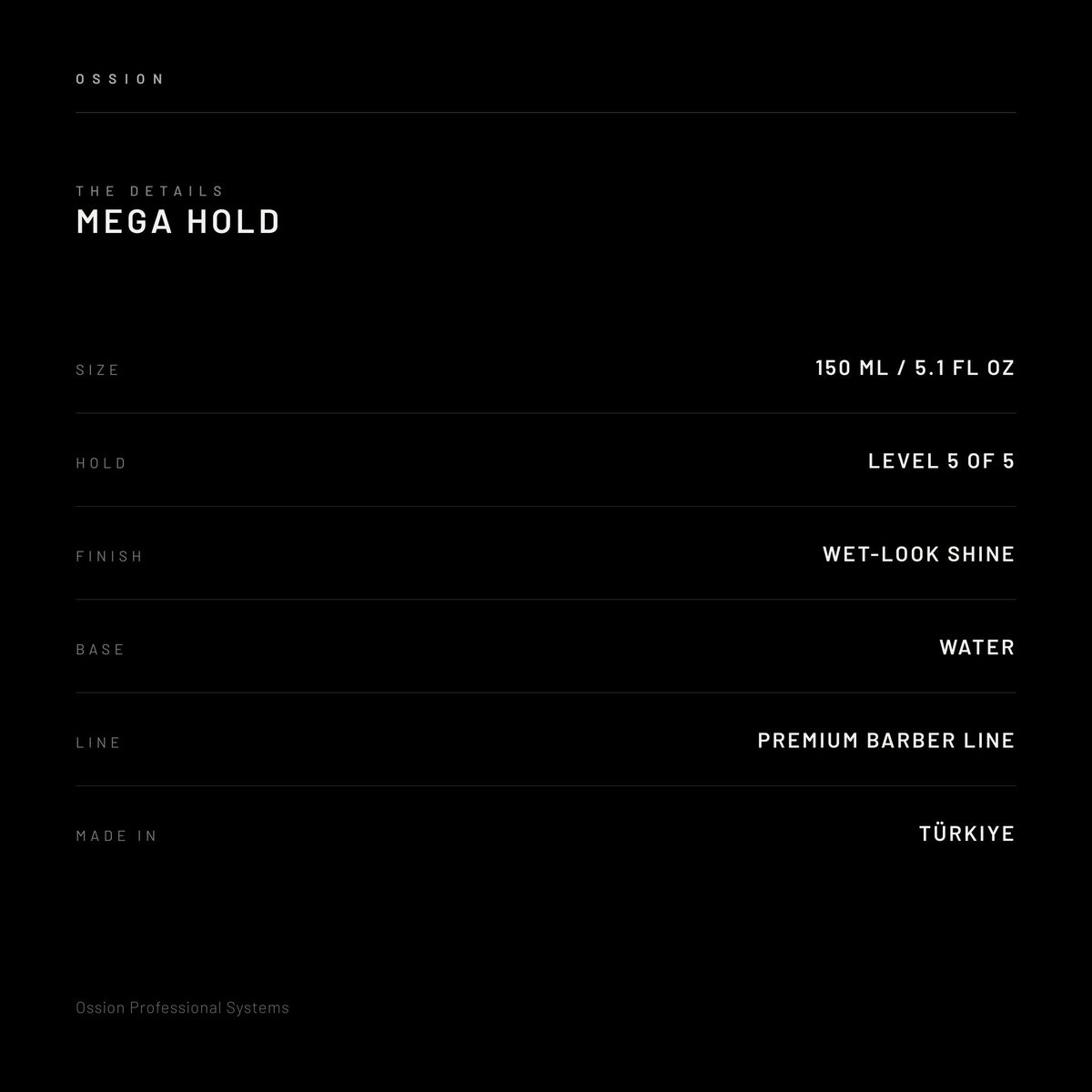 Ossion Mega Hold Wax — size, hold level, finish and country of origin