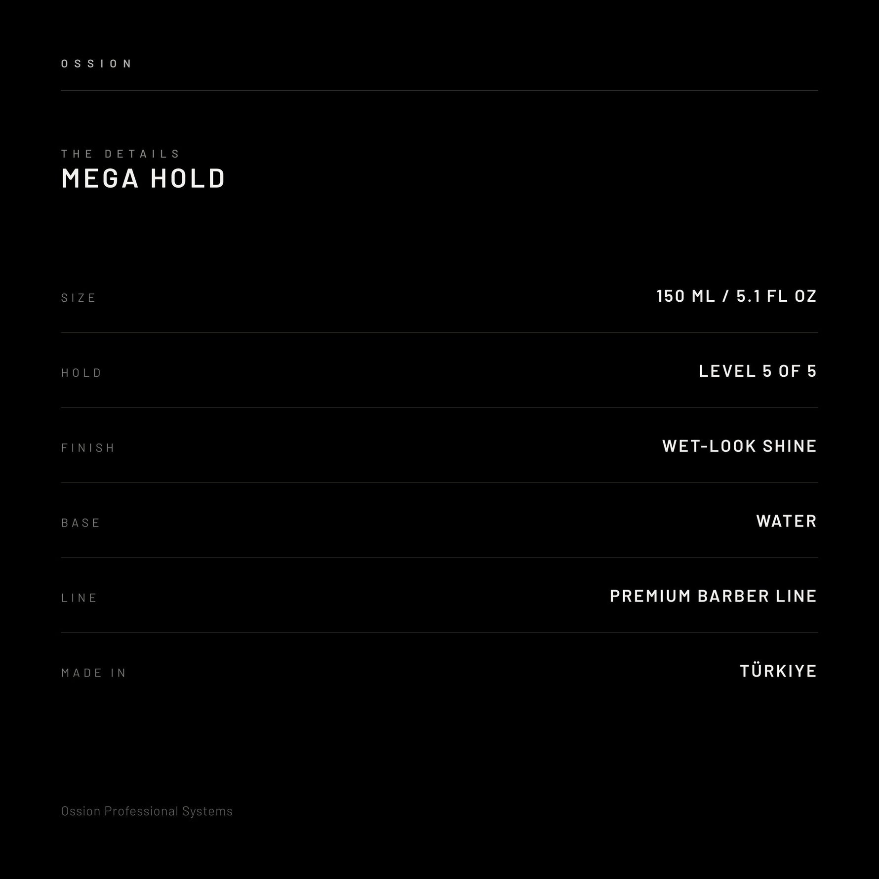 Ossion Mega Hold Wax — size, hold level, finish and country of origin