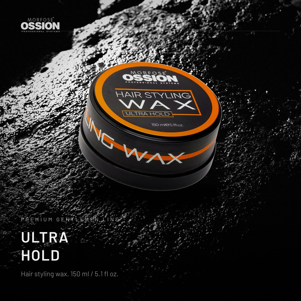 Ossion Ultra Hold Wax tin on wet black stone, lit from one side