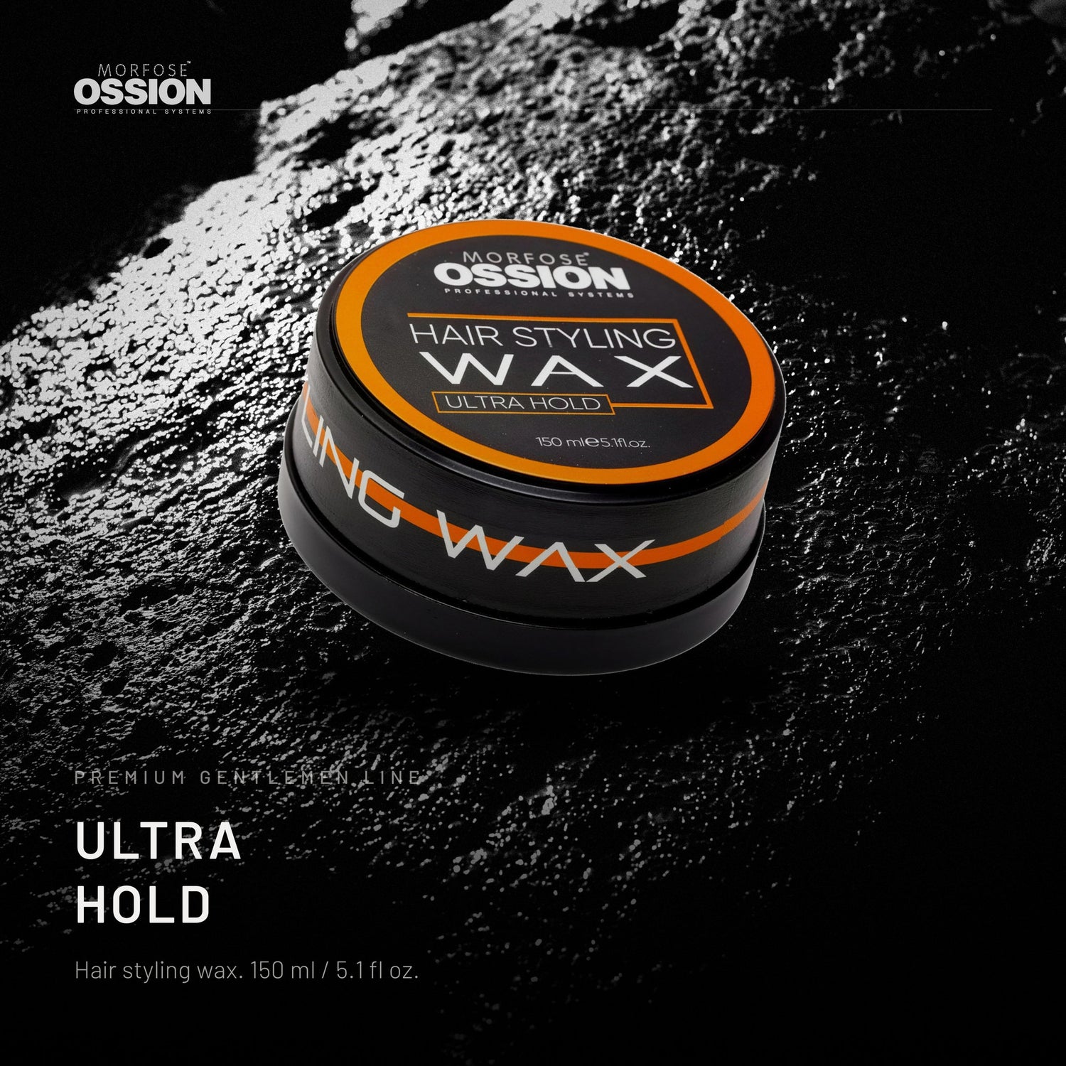Ossion Ultra Hold Wax tin on wet black stone, lit from one side