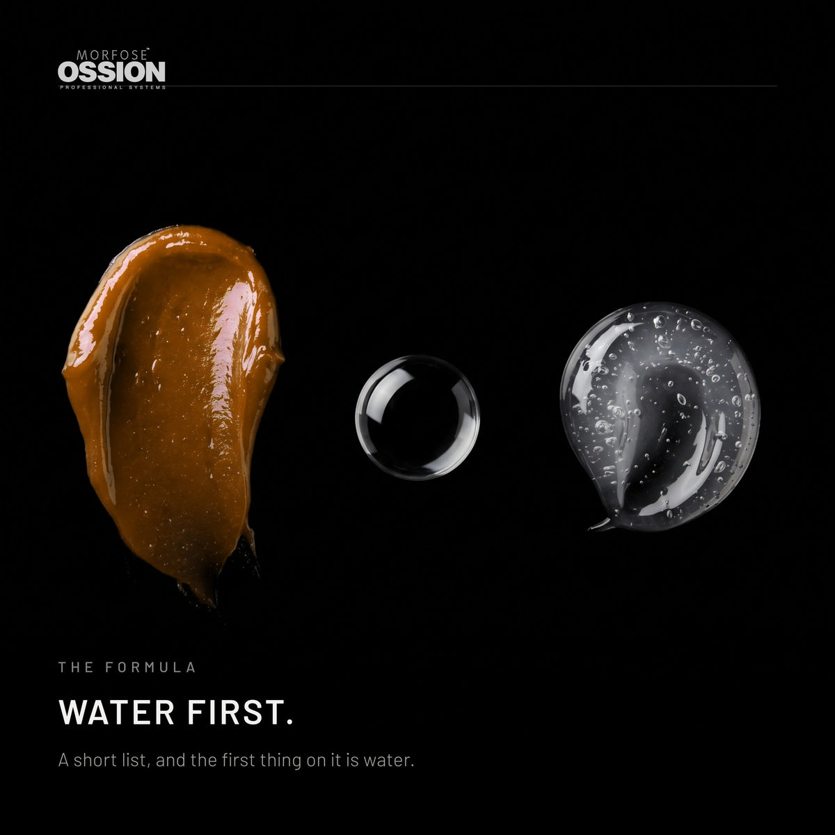 Ossion Ultra Hold Wax: the tinted wax, a water bead and clear gel on black
