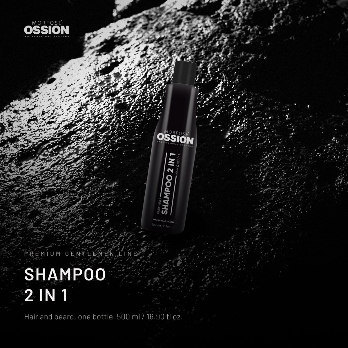 Ossion 2-in-1 Shampoo bottle on wet black stone, lit from one side