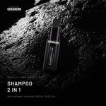 Ossion 2-in-1 Shampoo bottle on wet black stone, lit from one side