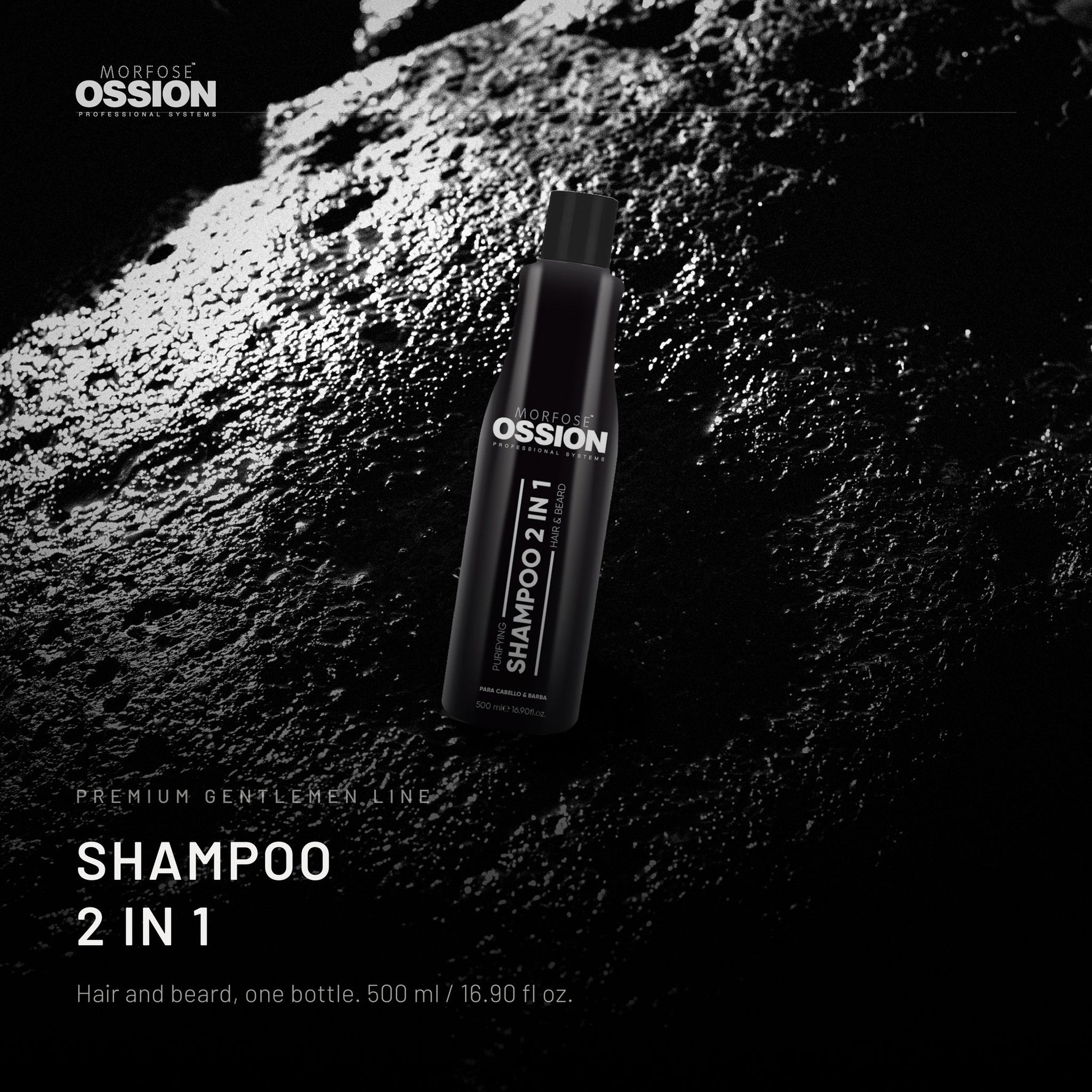 Ossion 2-in-1 Shampoo bottle on wet black stone, lit from one side