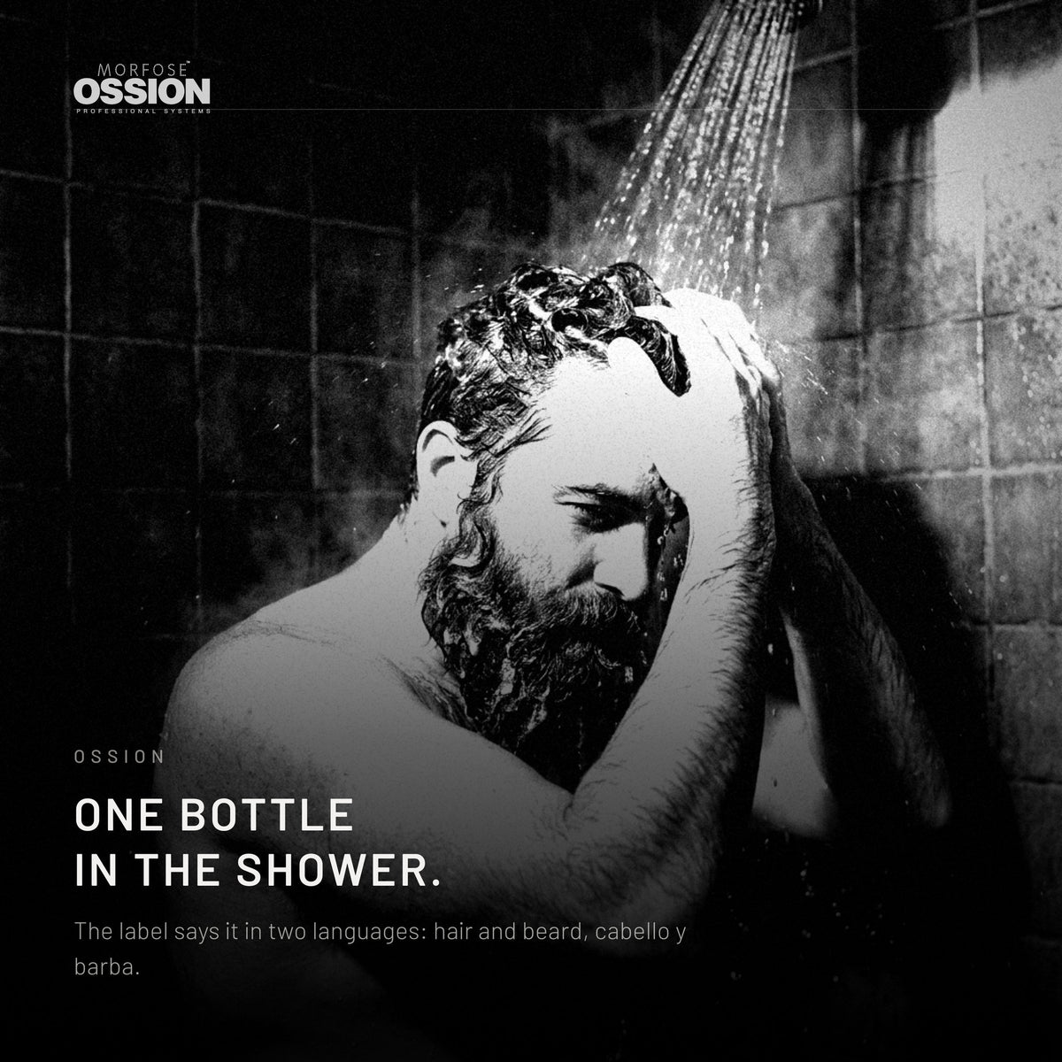 A man washing his hair and beard at the same time in the shower