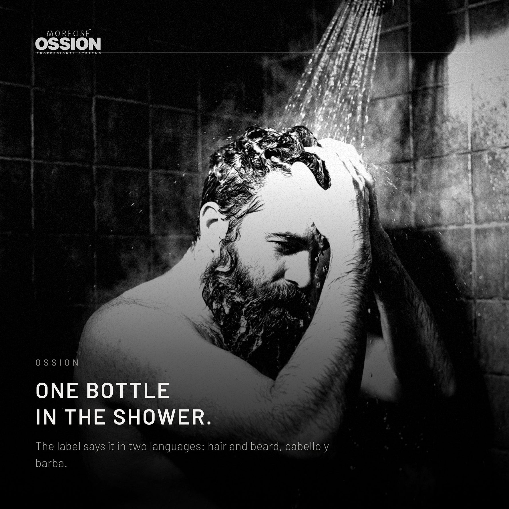 A man washing his hair and beard at the same time in the shower