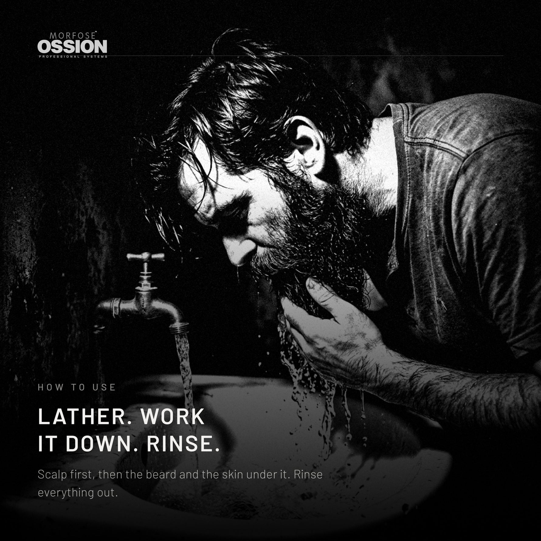 A man rinsing his hair and beard after washing