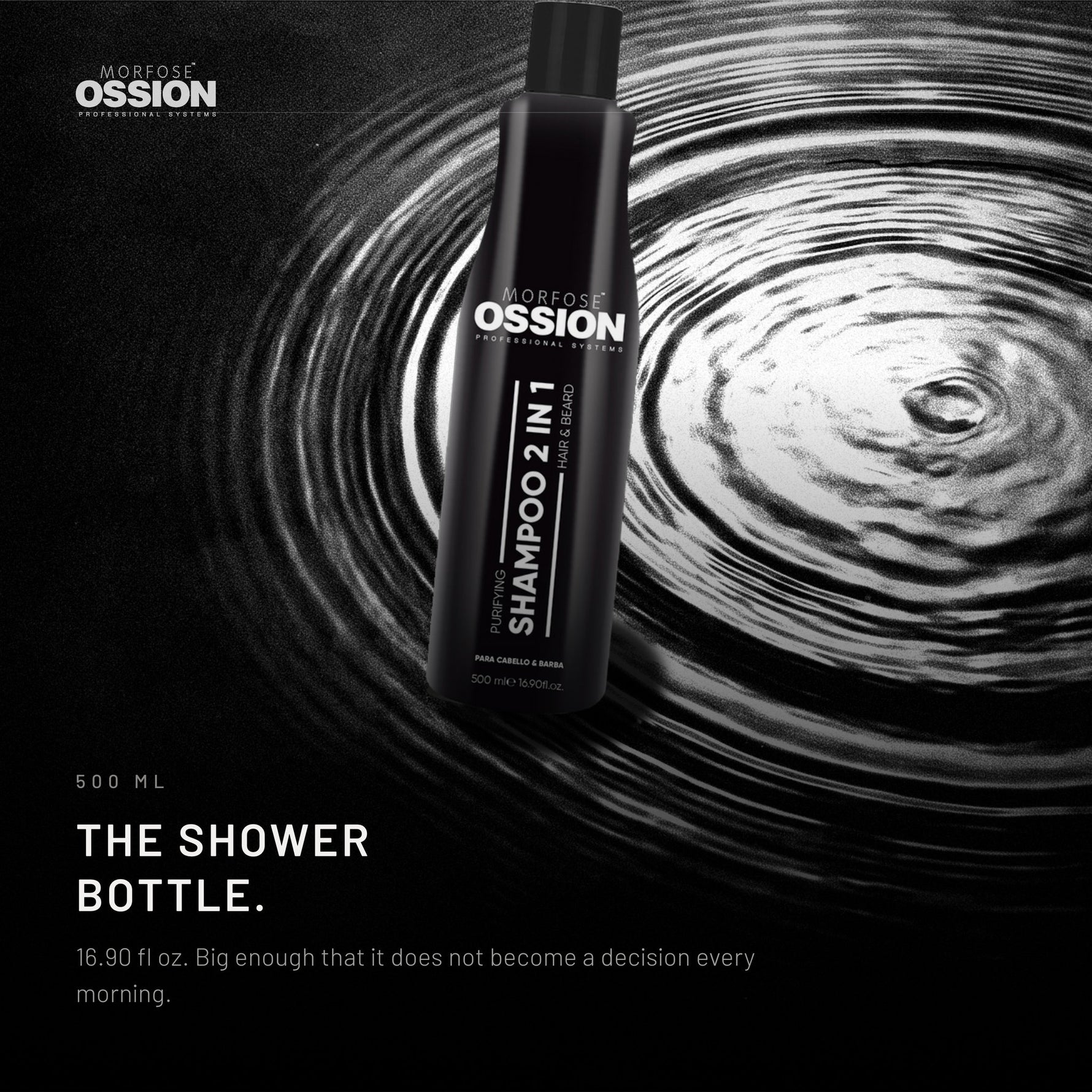 Ossion 2-in-1 Shampoo bottle resting on rippling water