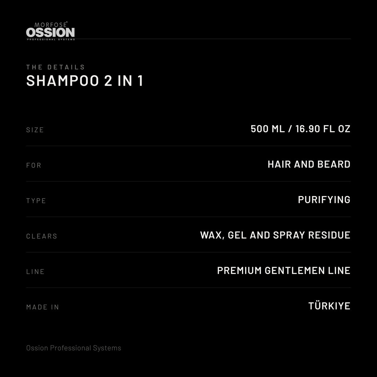 Ossion 2-in-1 Shampoo: size, what it is for, what it clears and origin