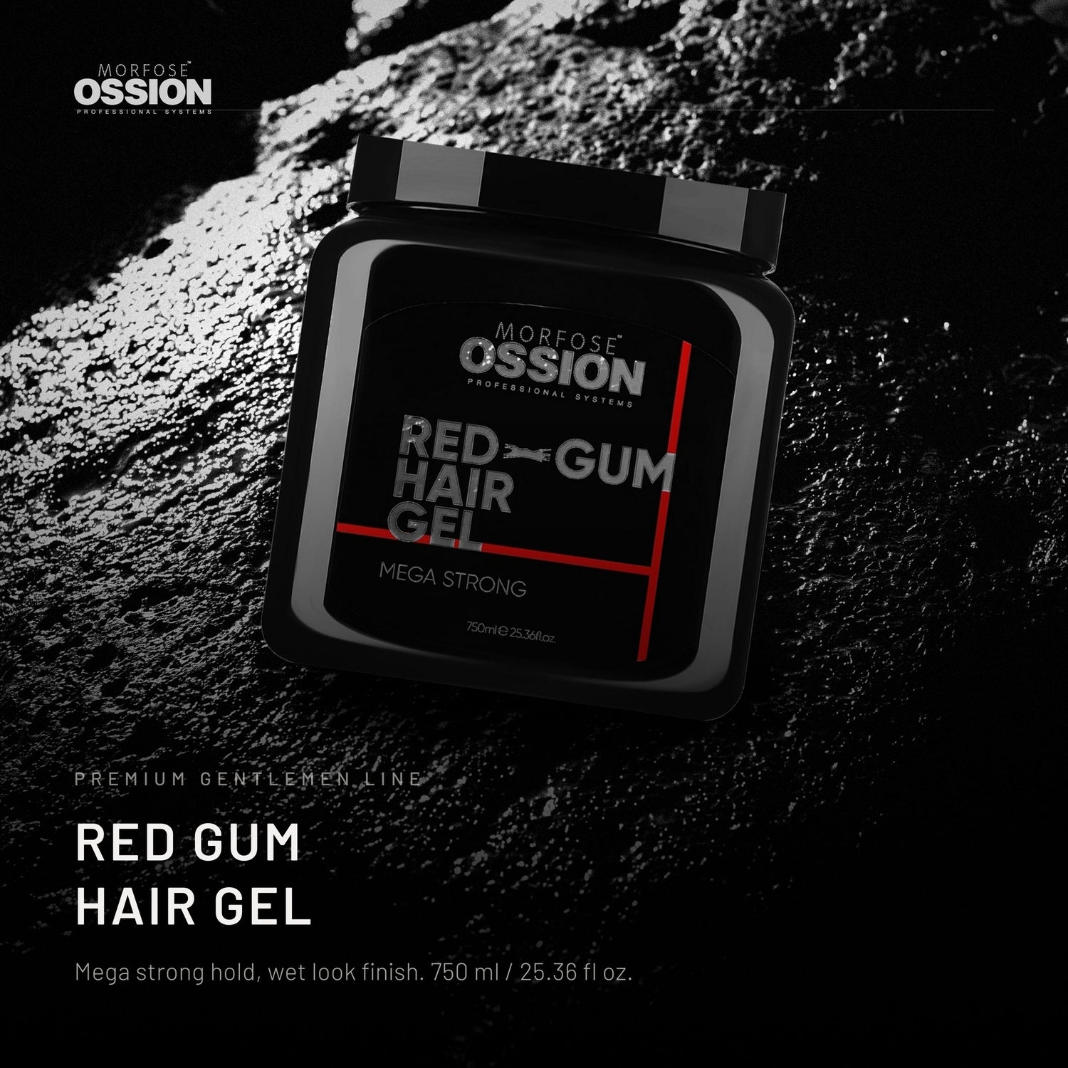 Ossion Red Gum Hair Gel jar on wet black stone, lit from one side