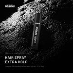 Ossion Hair Spray can on wet black stone, lit from one side