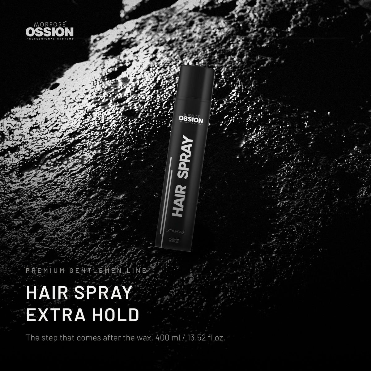 Ossion Hair Spray can on wet black stone, lit from one side