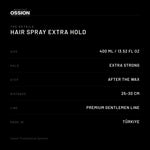 Ossion Hair Spray: size, hold, step, spraying distance and origin