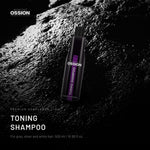 Ossion Toning Shampoo bottle on wet black stone, lit from one side