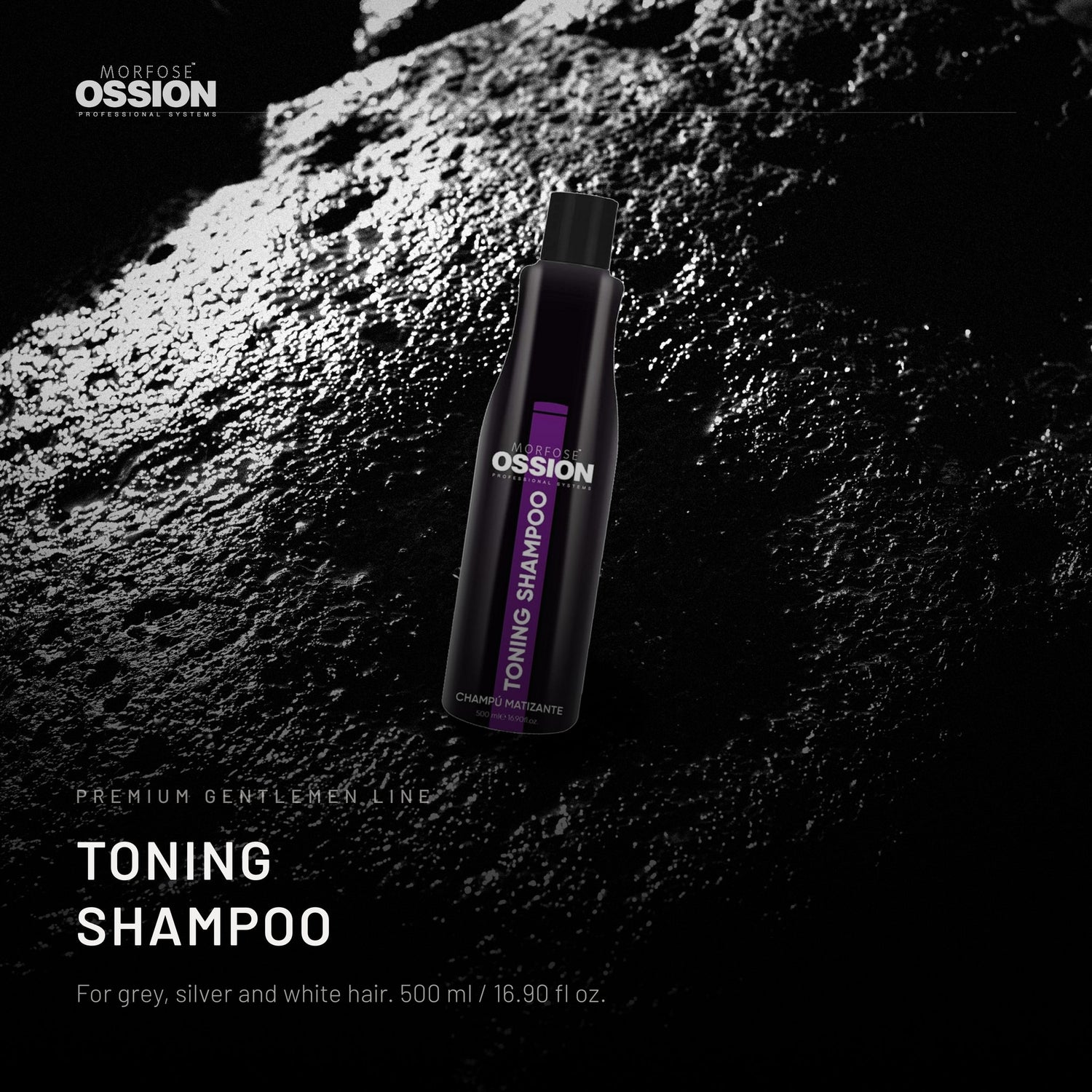 Ossion Toning Shampoo bottle on wet black stone, lit from one side
