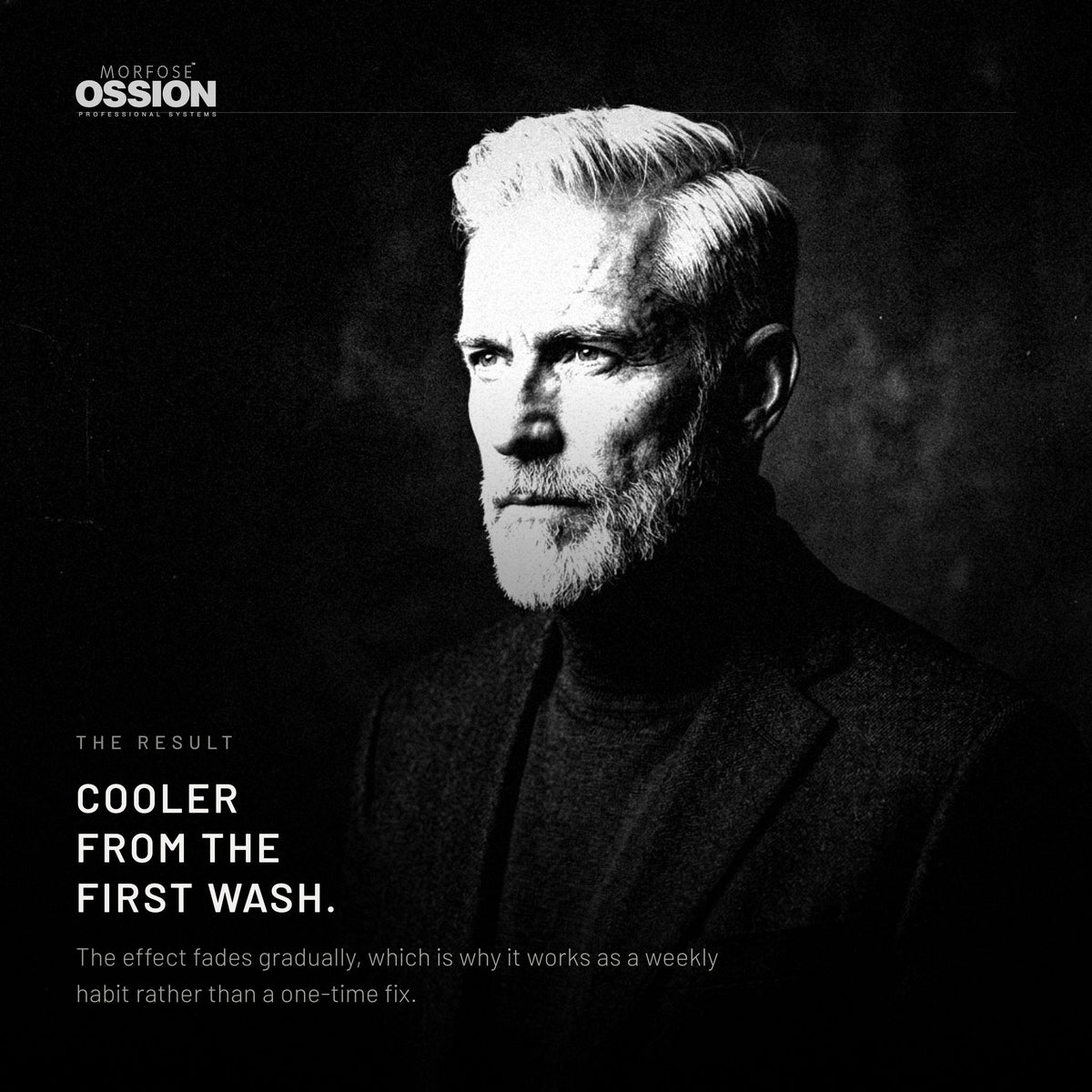 A man whose grey hair reads silver rather than yellowed