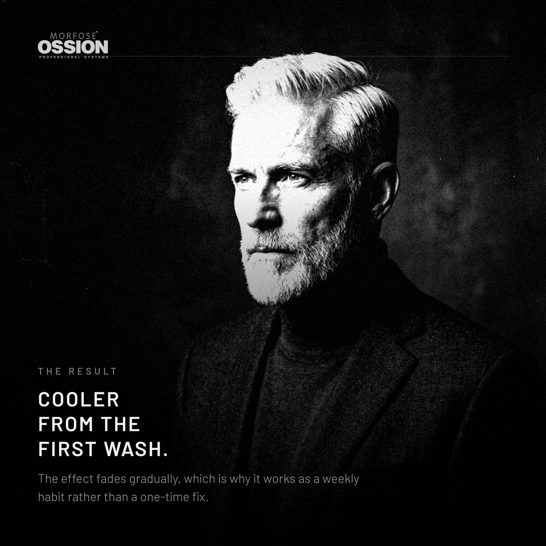 A man whose grey hair reads silver rather than yellowed