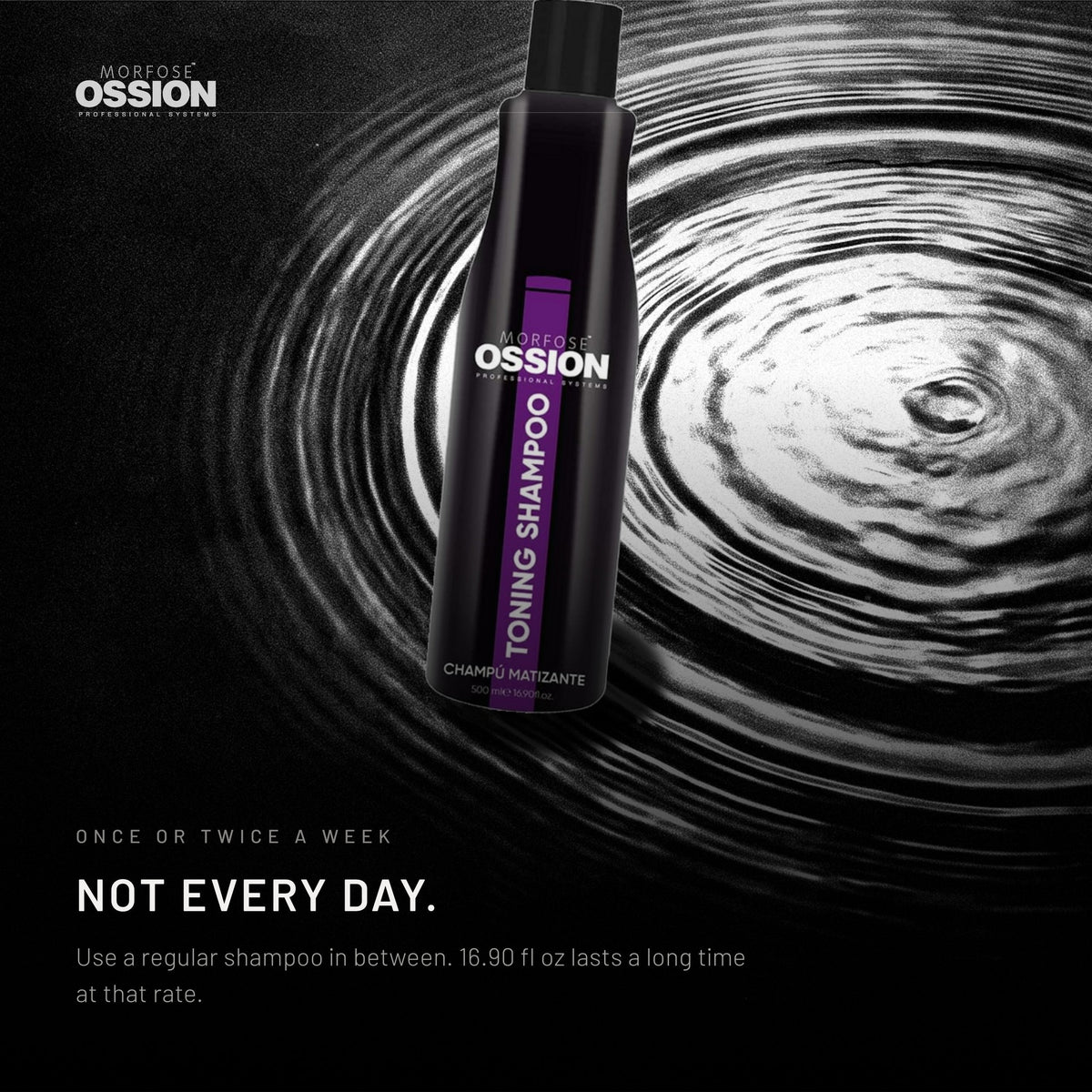 Ossion Toning Shampoo bottle resting on rippling water