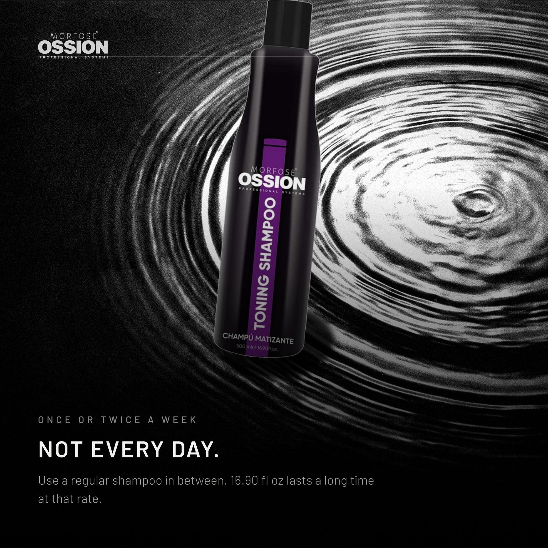Ossion Toning Shampoo bottle resting on rippling water