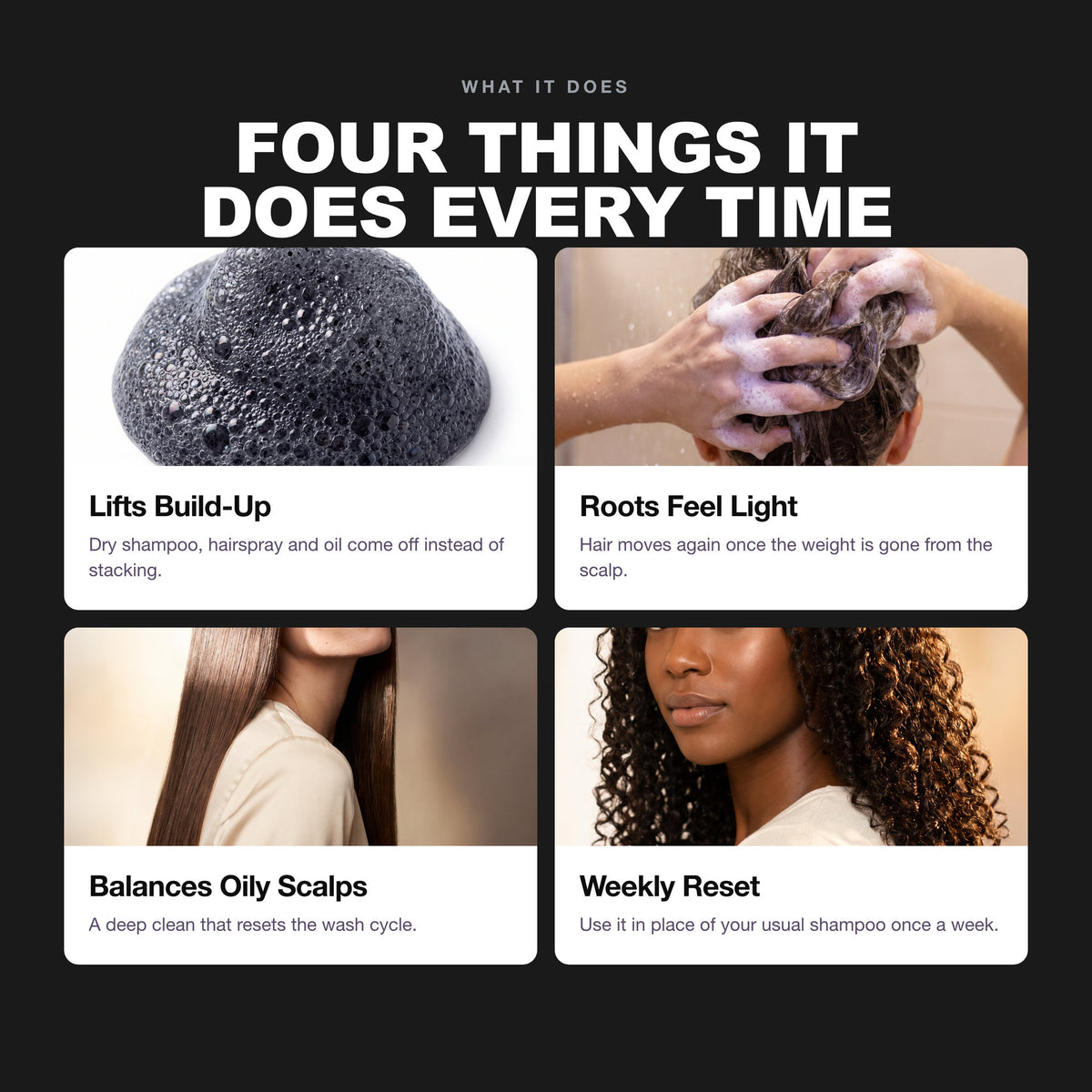 Morfose Professional Charcoal Shampoo benefits: Lifts Build-Up, Roots Feel Light