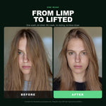 Morfose Bubbless Shampoo Biotin before and after: hair before styling and the finished look