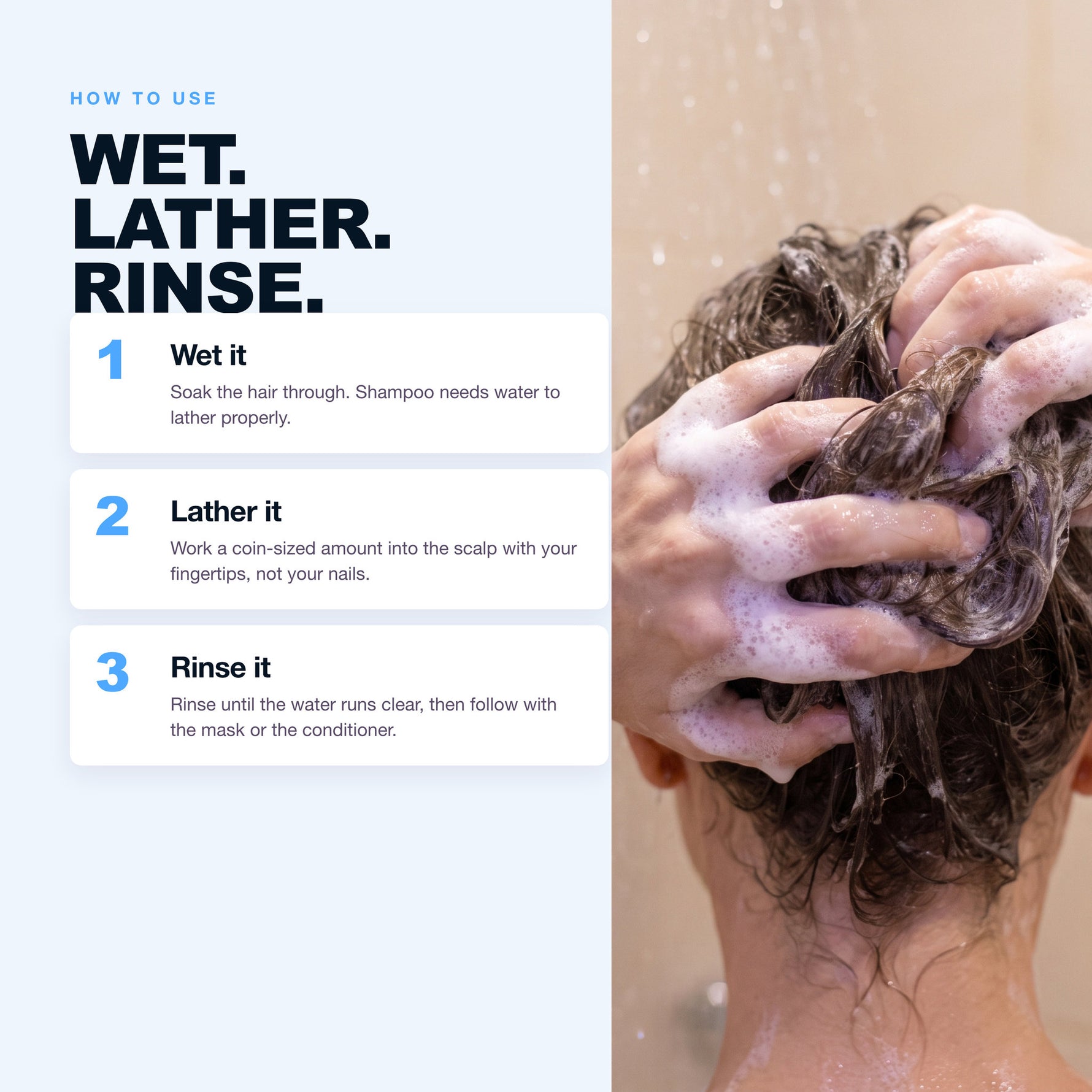 How to use Morfose Collagen shampoo: wet, lather, rinse