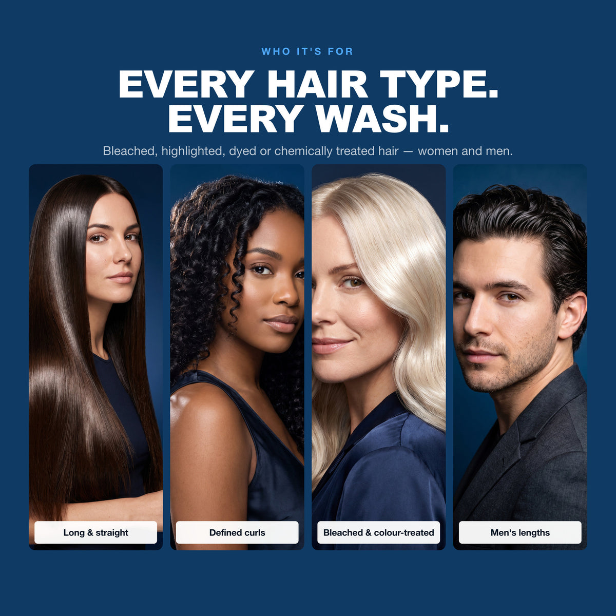 Morfose Collagen shampoo on straight, curly, bleached and men's hair