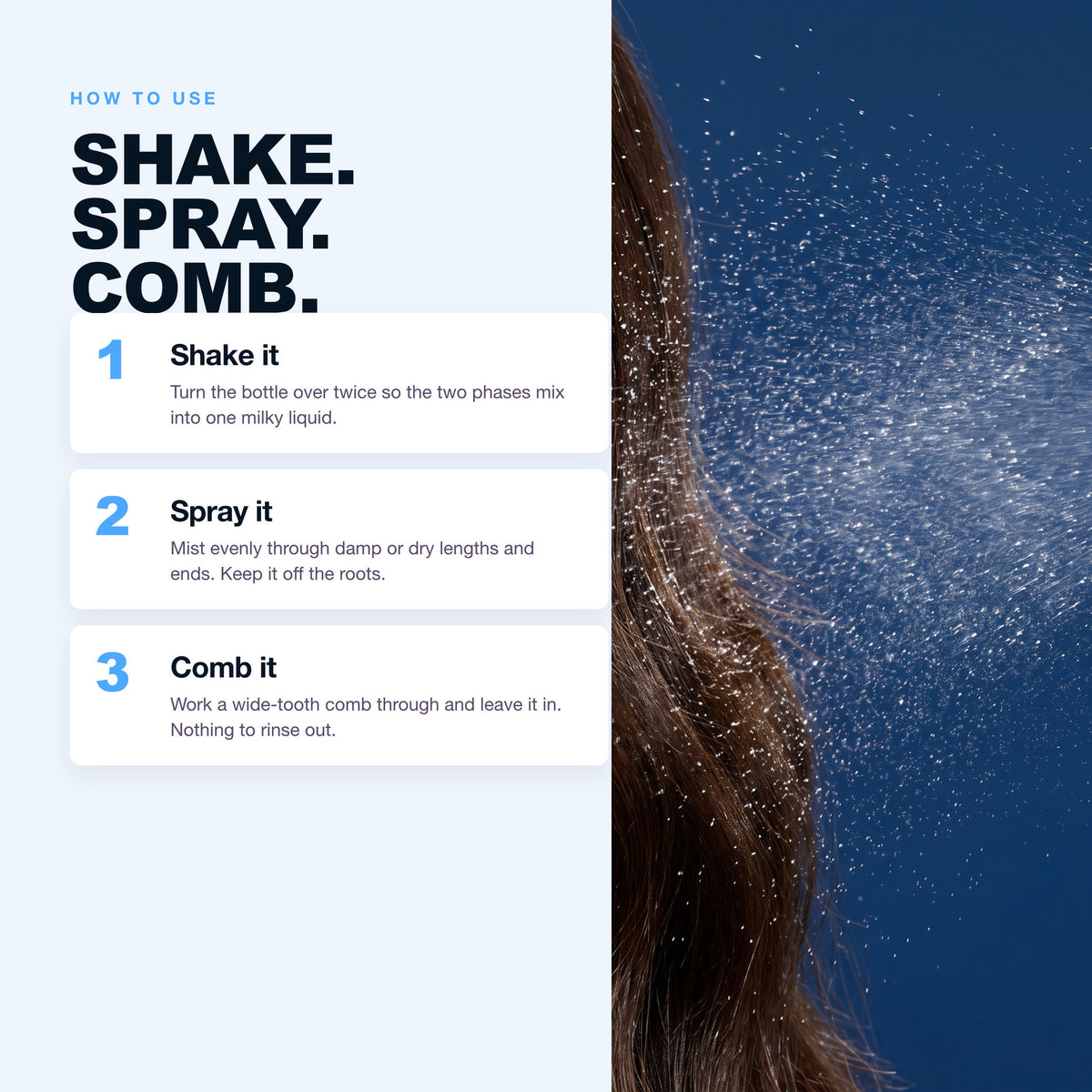 How to use Morfose Collagen leave-in: shake, spray, comb