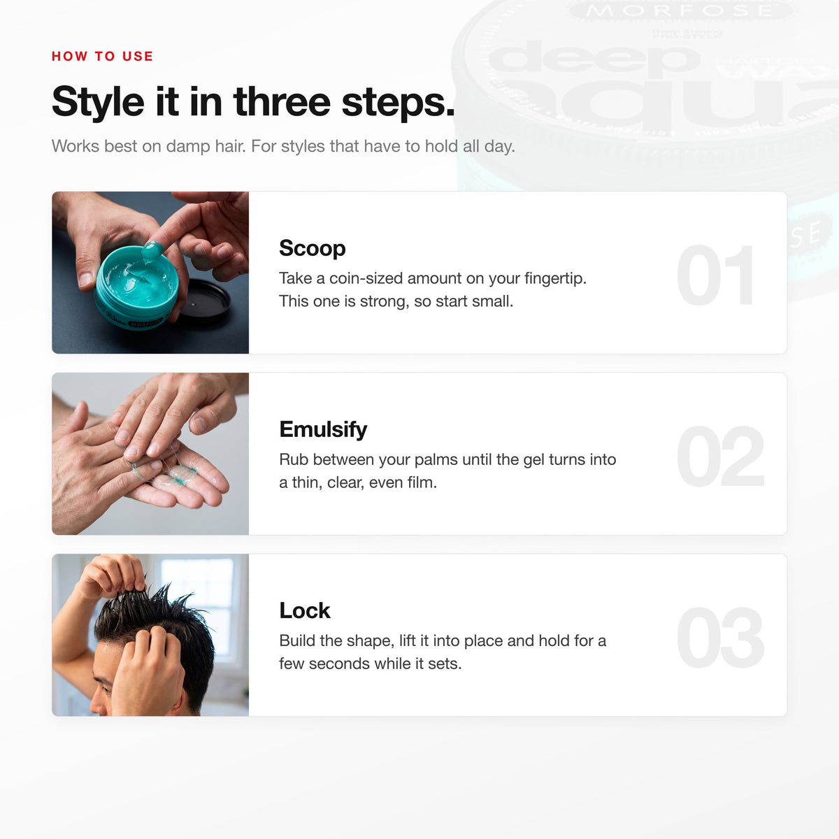 How to apply Morfose Deep Aqua: scoop, emulsify, lock