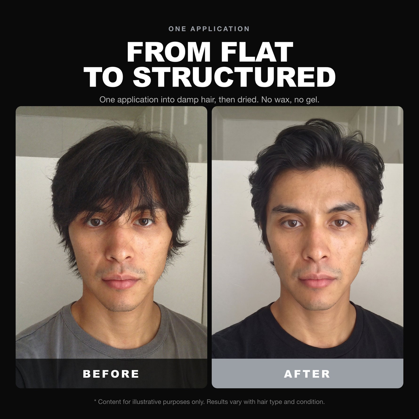 Morfose Hair Mousse Extra Strong Black before and after: hair before styling and the finished look