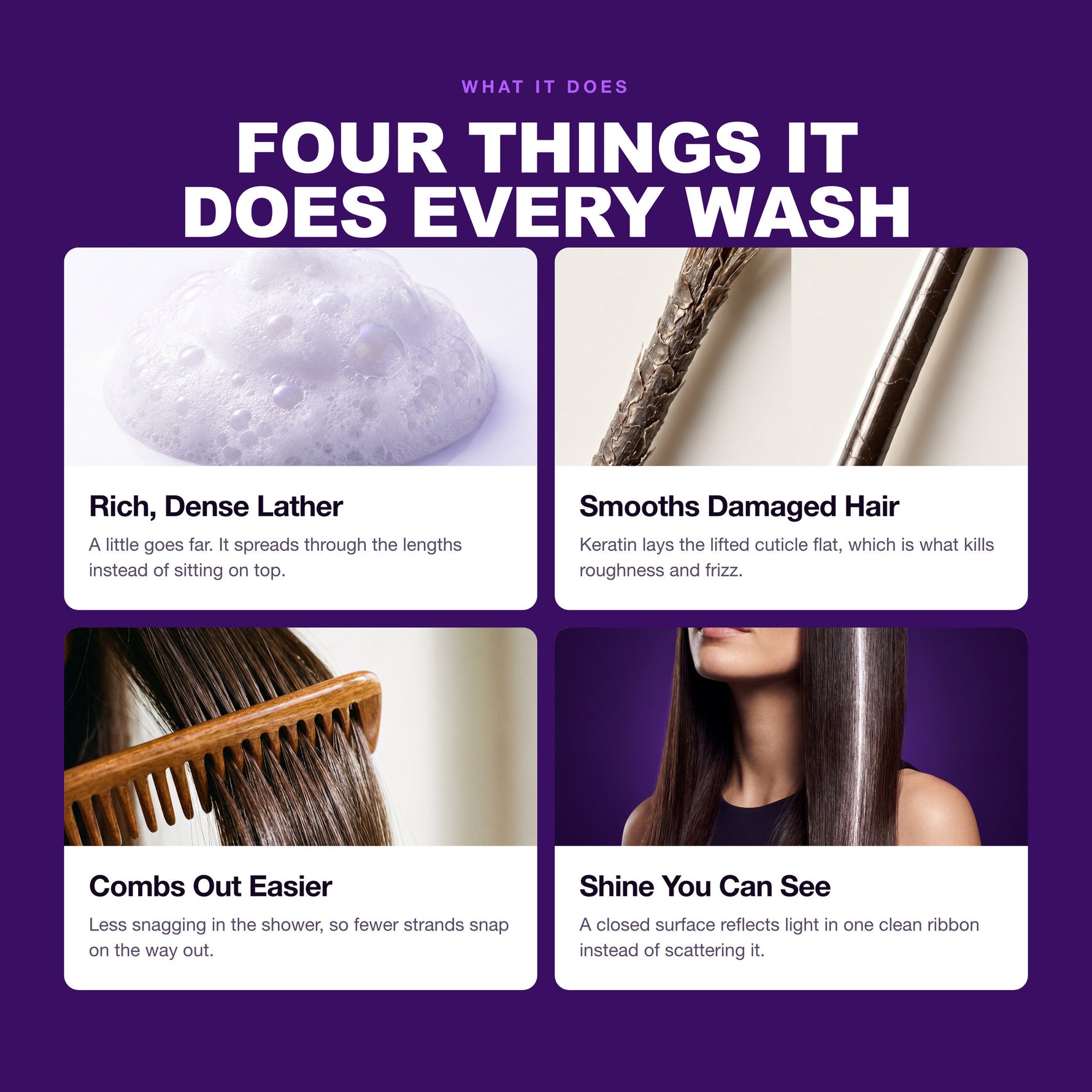 Morfose Keratin shampoo benefits: Rich, Dense Lather, Smooths Damaged Hair, Combs Out Easier
