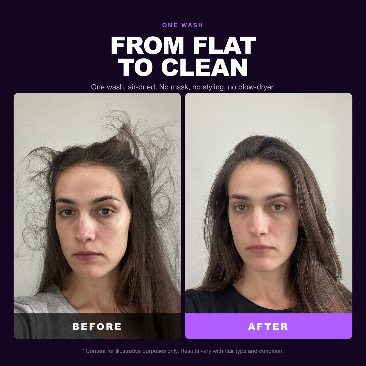 Morfose Bubbless Shampoo Keratin before and after: hair before styling and the finished look