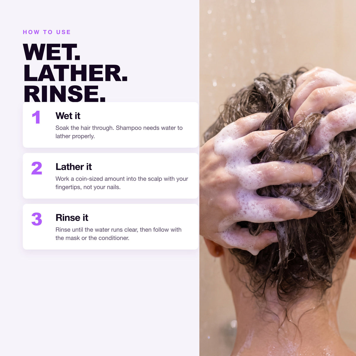 How to use Morfose Keratin shampoo: wet, lather, rinse
