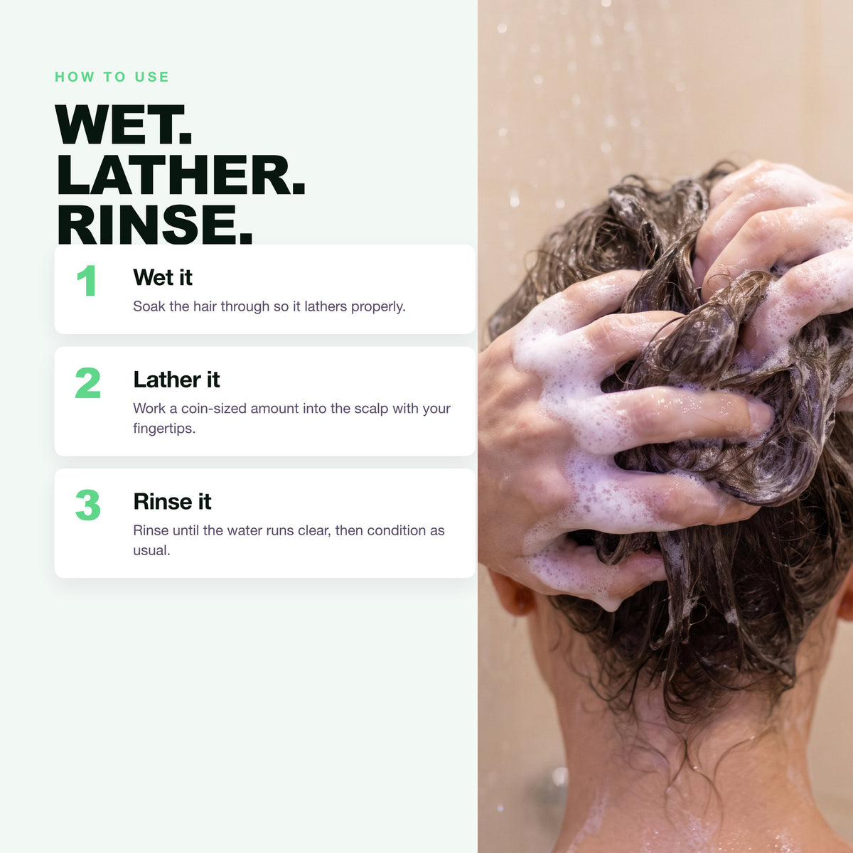How to use Morfose Professional Quinoa Protein Shampoo: wet, lather, rinse