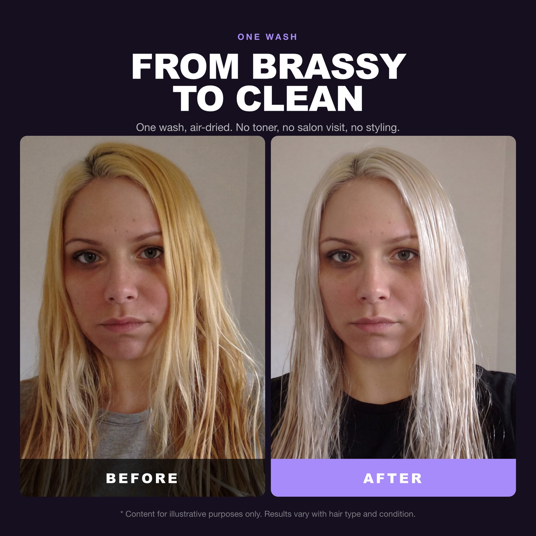 Morfose Silver Shampoo before and after: hair before styling and the finished look