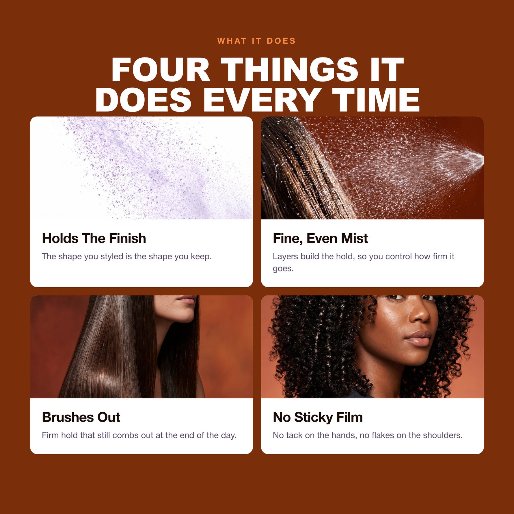 Morfose Styling Hair Spray benefits: Holds The Finish, Fine, Even Mist, Brushes Out