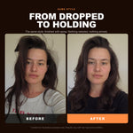Morfose Hair Spray Ultra Strong Orange before and after: hair before styling and the finished look