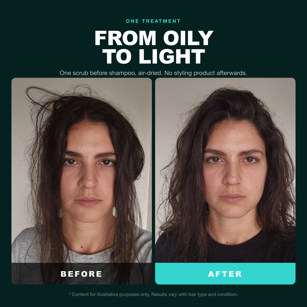 Morfose Quinoa and Hemp Scalp Detox Mask before and after: hair before styling and the finished look